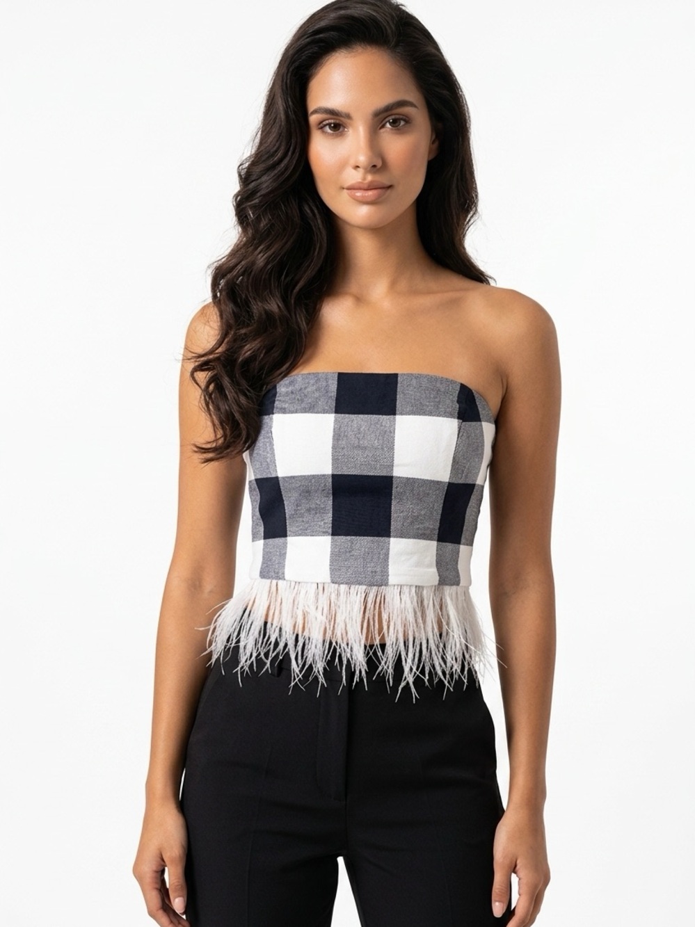 SARA ROKA | Strapless Gingham Feather-Trim Top Navy Blue/White Women’s Size 40
